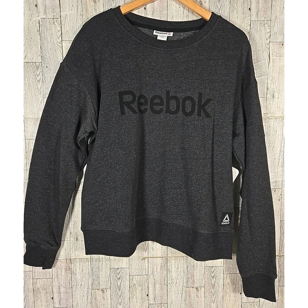 Reebok Sweatshirt LARGE Black Heather Crew Neckline Logo Cozy Womens NEW